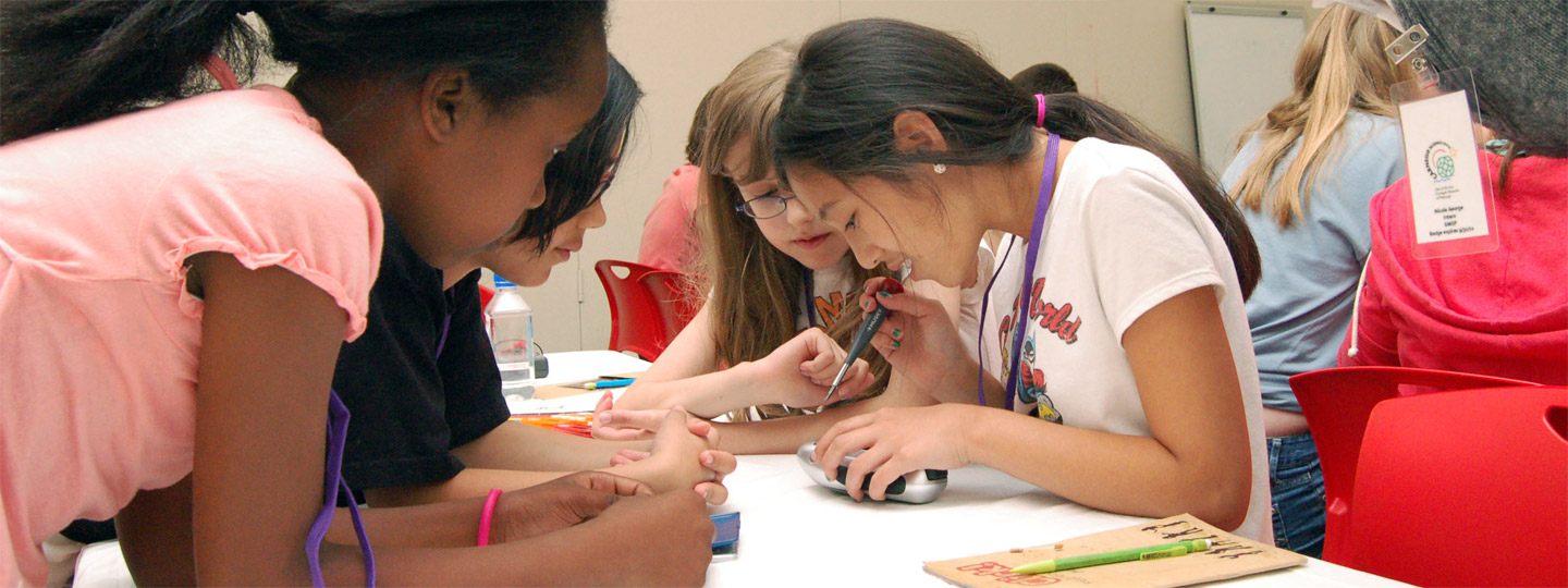 Girls working on science projects